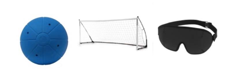 The ball, goal, and masks that are used in Goalball.