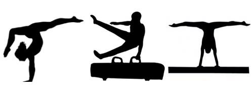 Three silhouttes doing different poses with gymnastic equipment.